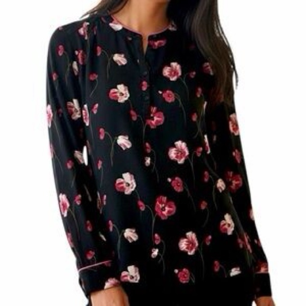Banana Republic XL Black Pullover Button Cuff Blouse with Pink Floral Pattern